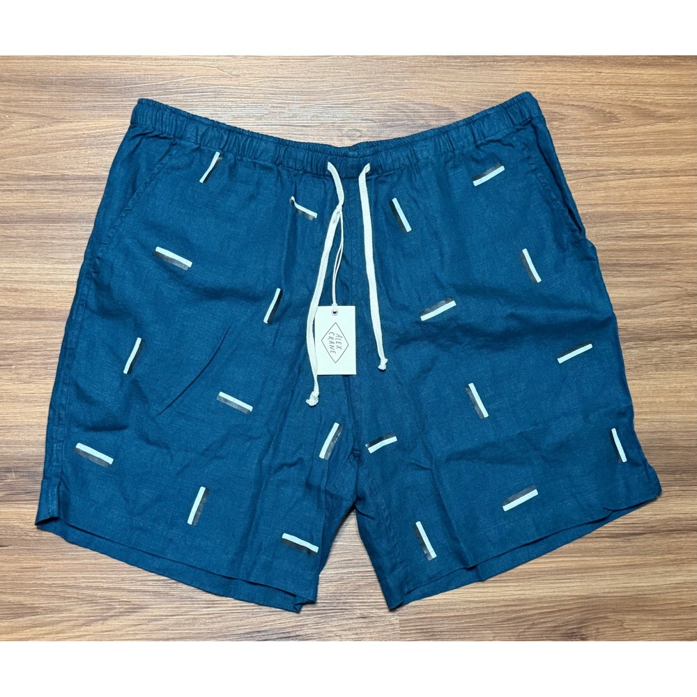 Alex Crane Bo Shorts Mens Blue Dash Print 100% Linen Elastic Waist Sz 3XL